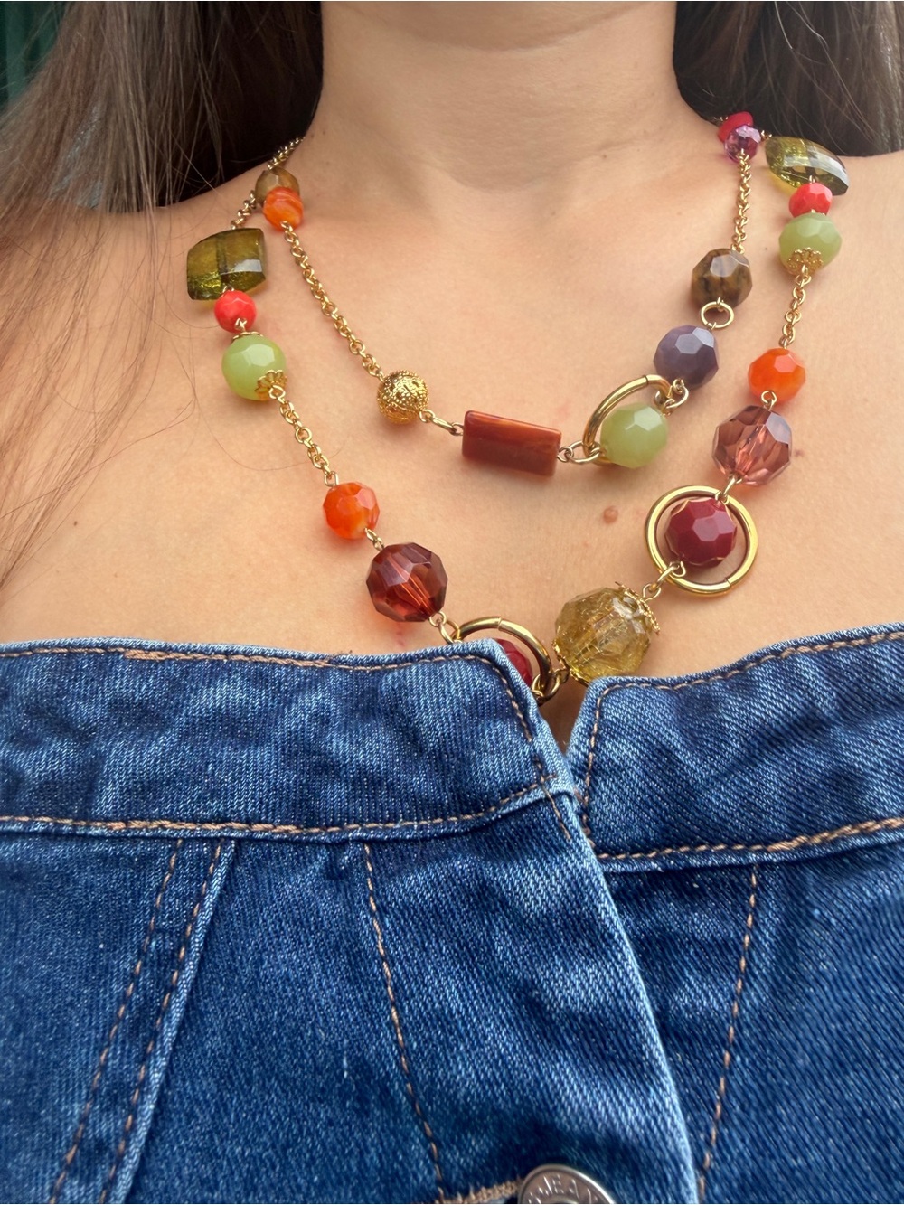 Vintage handmade Multicolor glass Bead & Gold-Link Statement Necklace